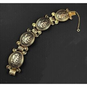 VTG Wide Damascene Bracelet Gold Silver Inlay Arabic Calligraphy 7.5”